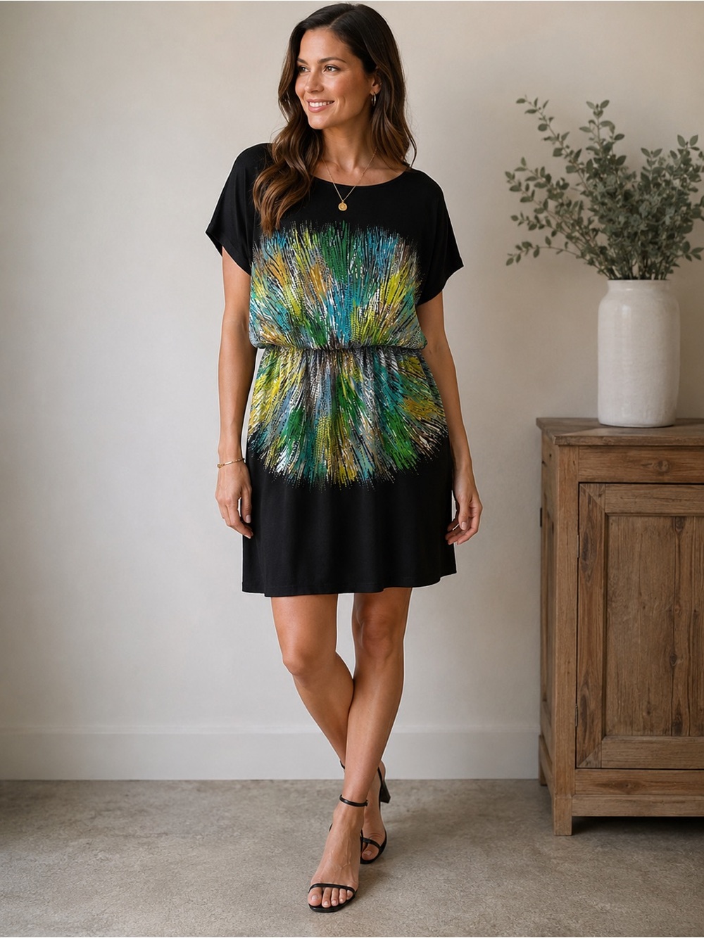 Black Dress with Vibrant Pattern - Size 8